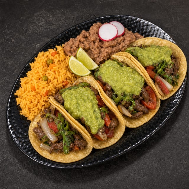 Lomo Saltado Taco Plate.